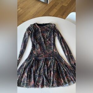 Zara Black Long-Sleeve Patterned Fit & Flare Dress with Brown and Olive Accents